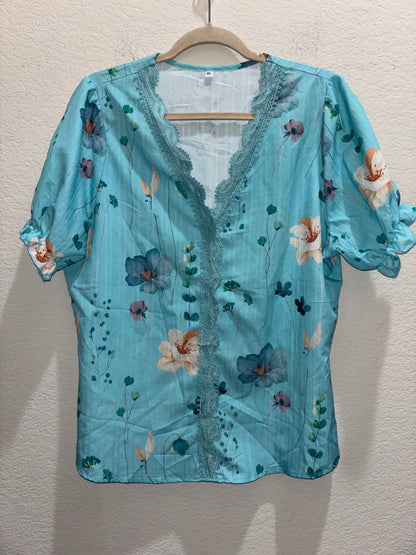 Turquoise V-Neck Lace Collar Blouse Floral by Pattern