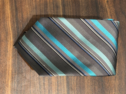 Geoffrey Beene Gray & Turquoise Blue Striped Tie 58” 100% Silk
