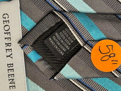 Geoffrey Beene Gray & Turquoise Blue Striped Tie 58” 100% Silk