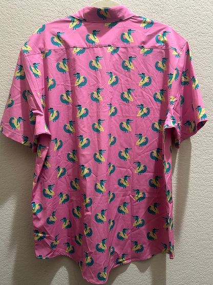 Men’s XL, pink alligator, surfboard, novelty, print short sleeve button-up shirt ￼