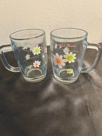 Mugs Clear Glass with Beautiful Floral Design set of 2 8oz