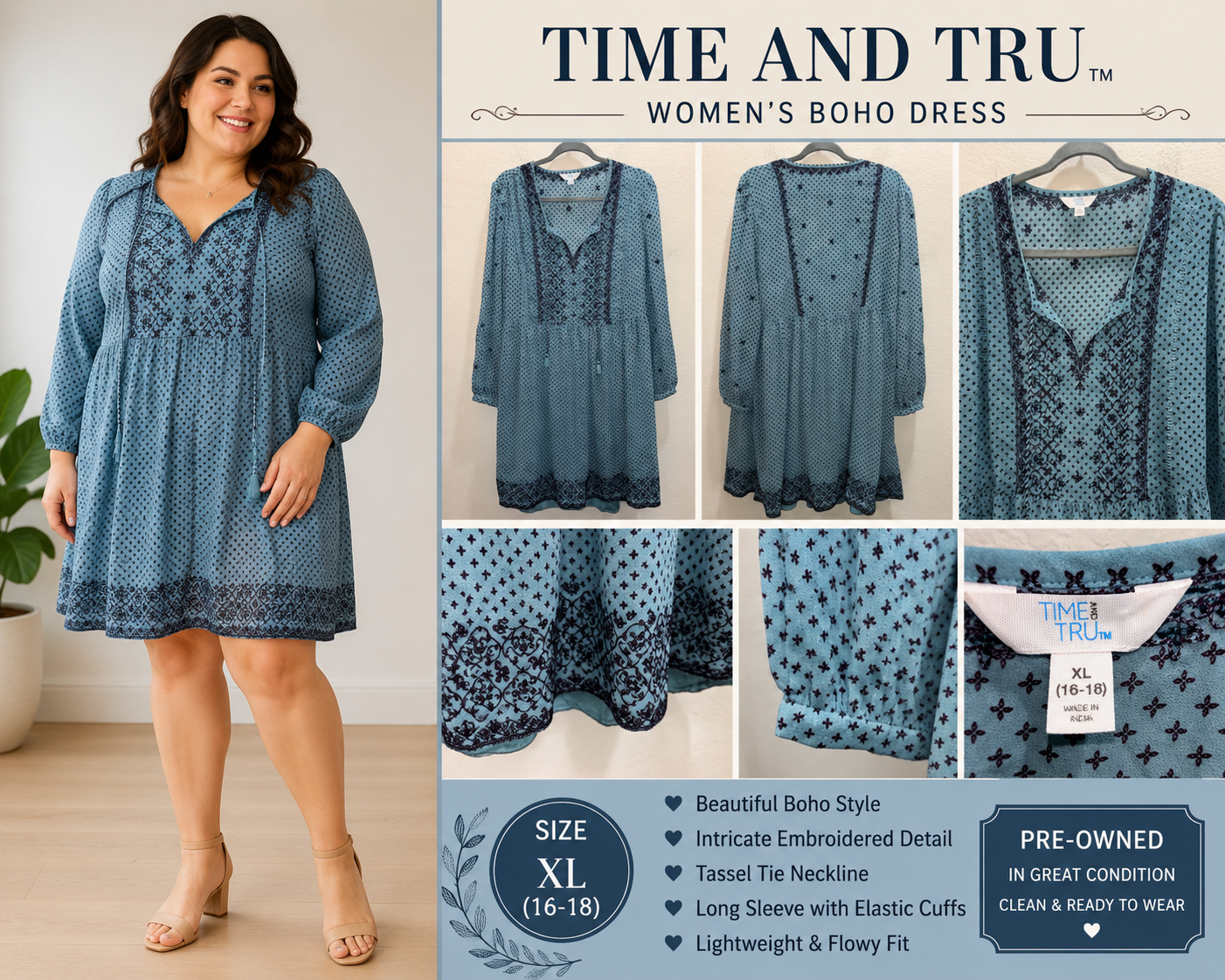 Boho Teal Navy Blue Midi Dress by Time Tru