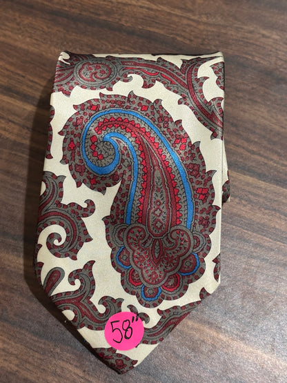 Cream, Blue, Red, Paisley Design Tie 100% Polyester 58”