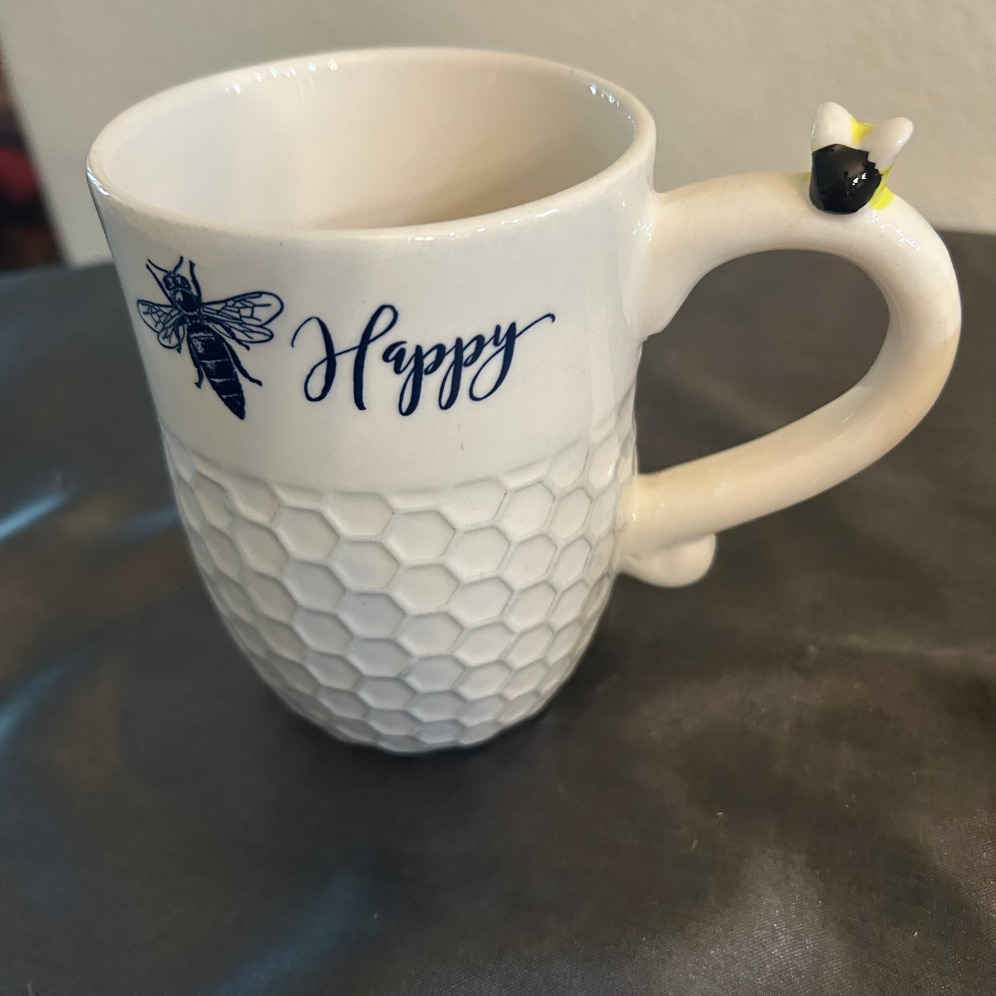 Mugs Beehive Design w/ “Bee Happy” “Let It Bee” White and Black honeycomb Design set of 2