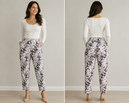 White ankle pull on pants floral pattern with pockets women’s large