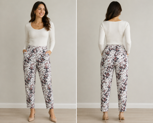 White ankle pull on pants floral pattern with pockets women’s large