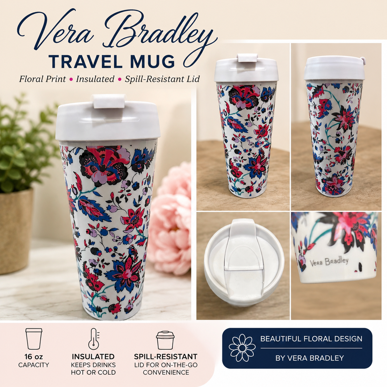 Vera Bradley floral travel Tumbler 20 oz capacity ￼￼
