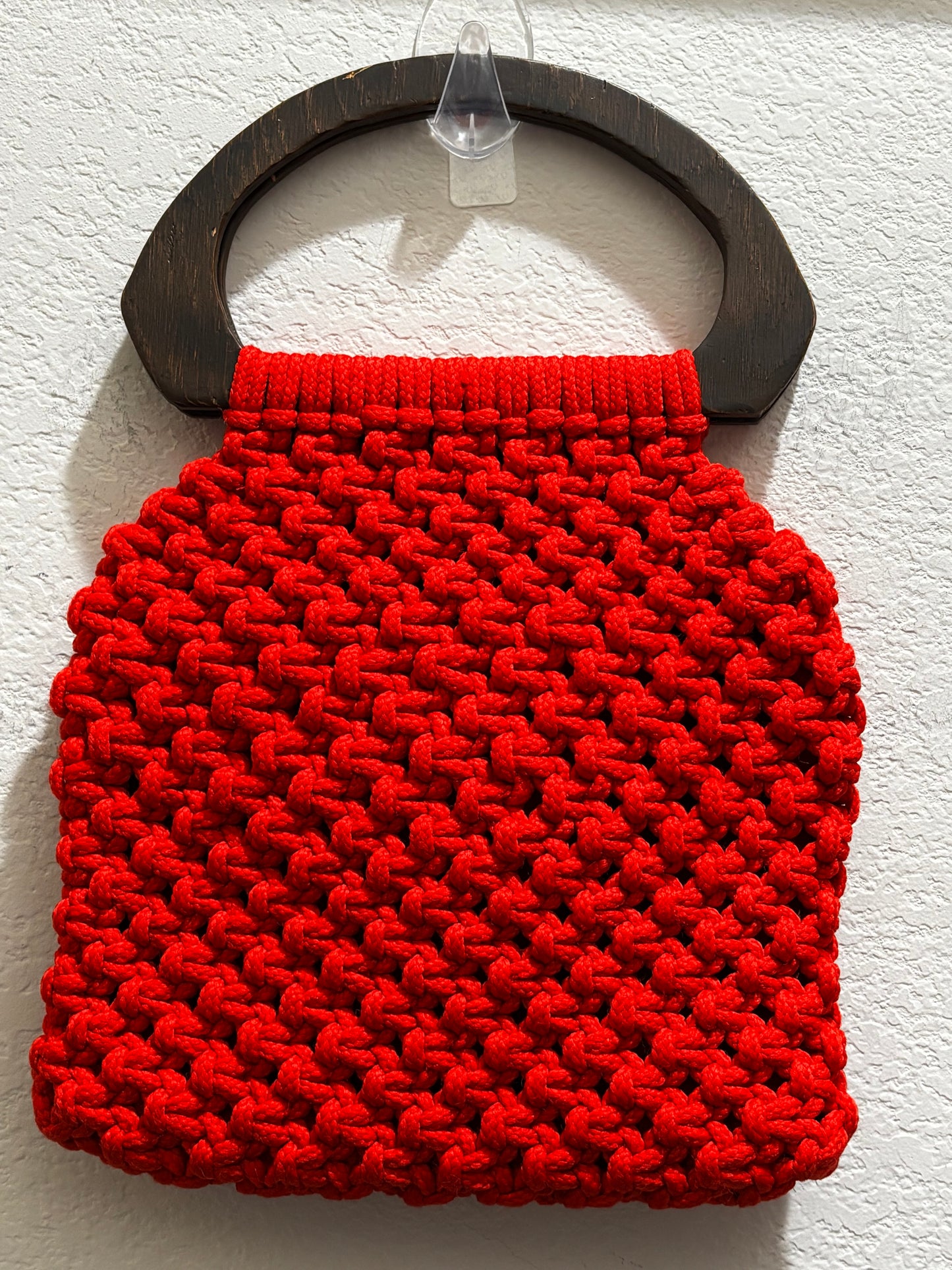Handmade crochet red handbag with wood handles