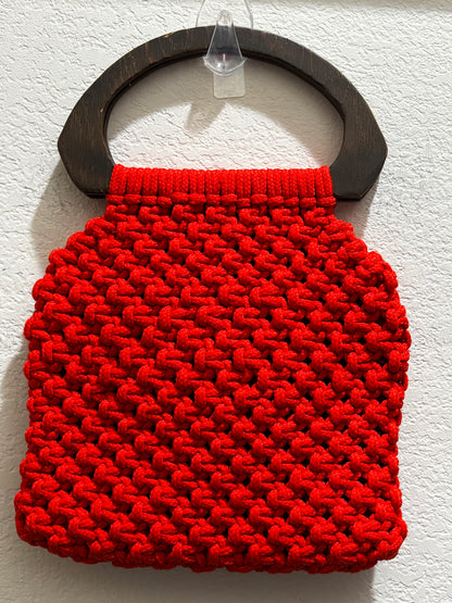 Handmade crochet red handbag with wood handles