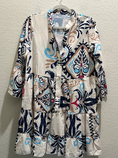 Women’s abstract design tunic ruffle shirt dress size large