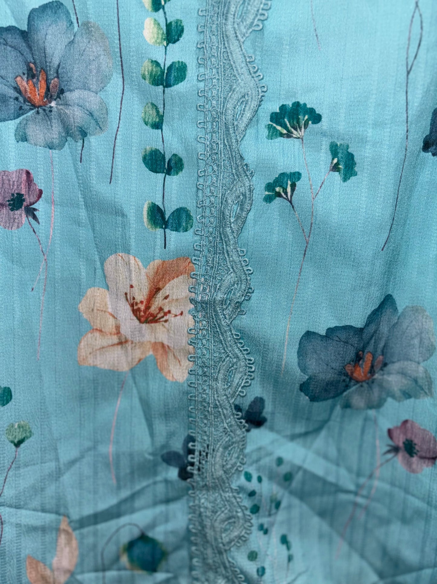 Turquoise V-Neck Lace Collar Blouse Floral by Pattern