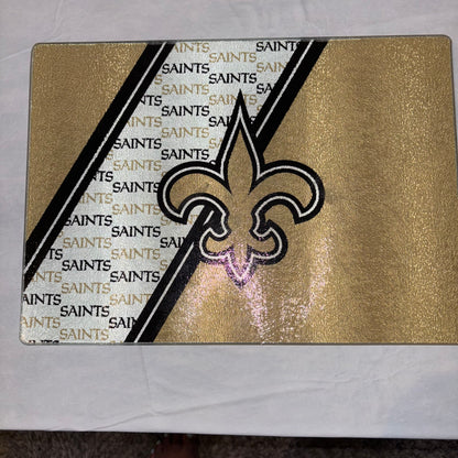 New Orleans Saints gold, black and white Glass Cutting Board/Countertop Decor