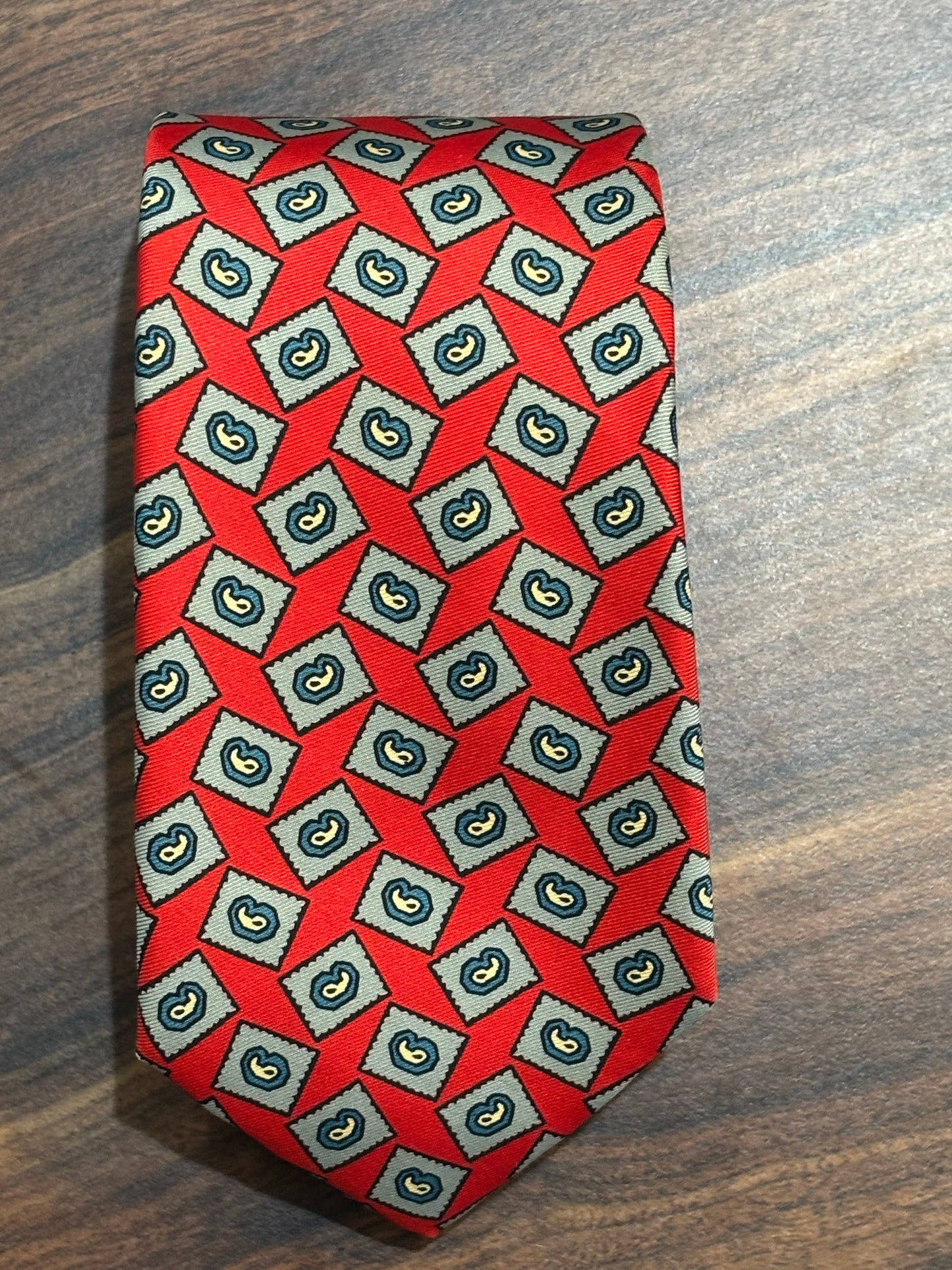 Frankels Des Moines Red Tie w/ Geometric Design 55” 100% Silk