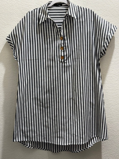 Emery Rose Black White Striped  Collar V neck Women’s Blouse size Large