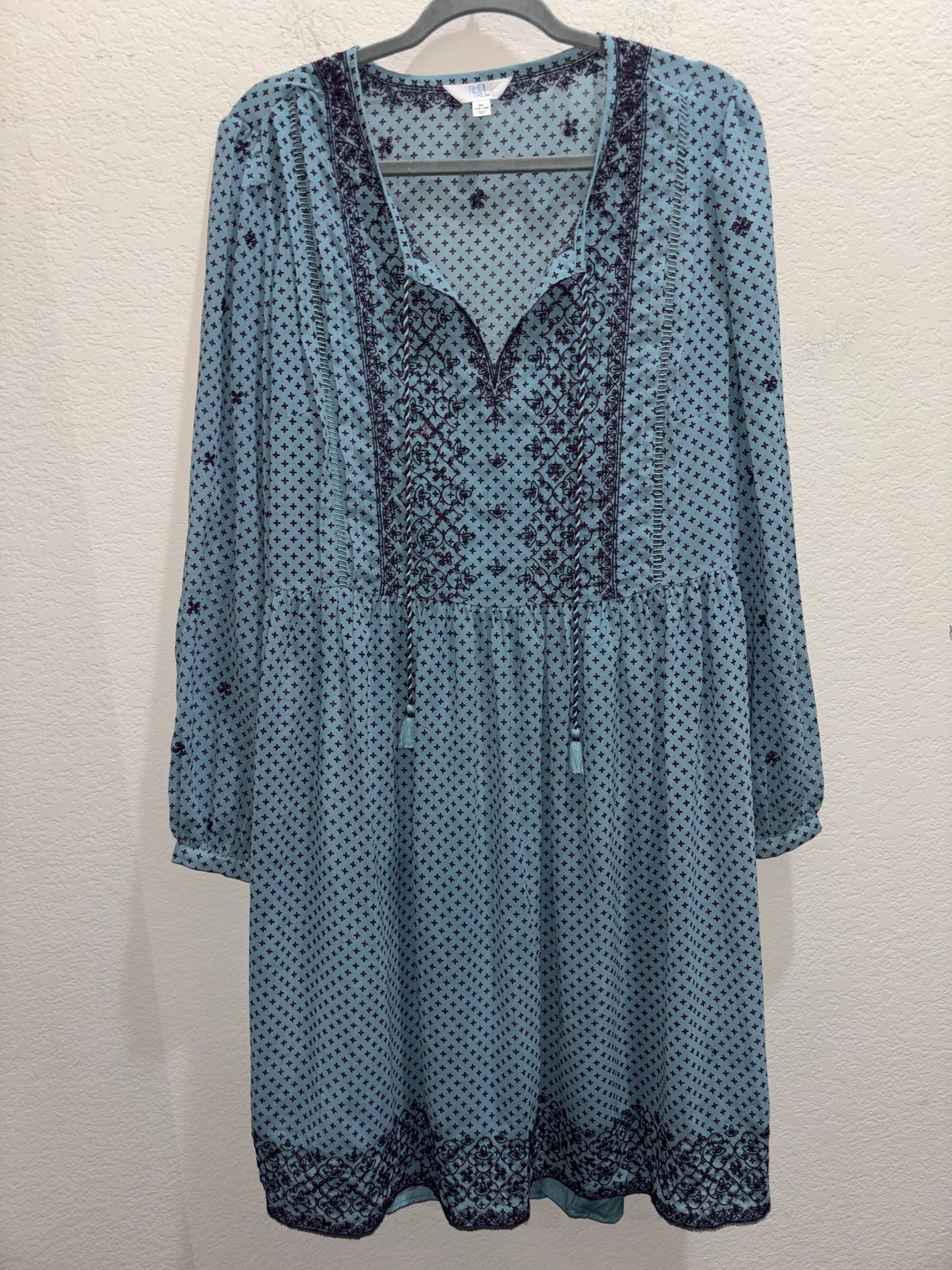 Boho Teal Navy Blue Midi Dress by Time Tru