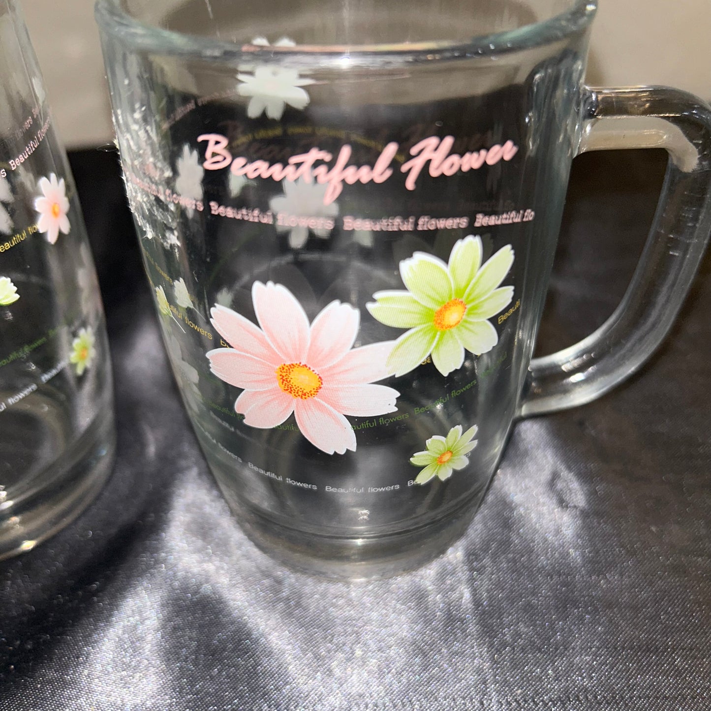 Mugs Clear Glass with Beautiful Floral Design set of 2 8oz