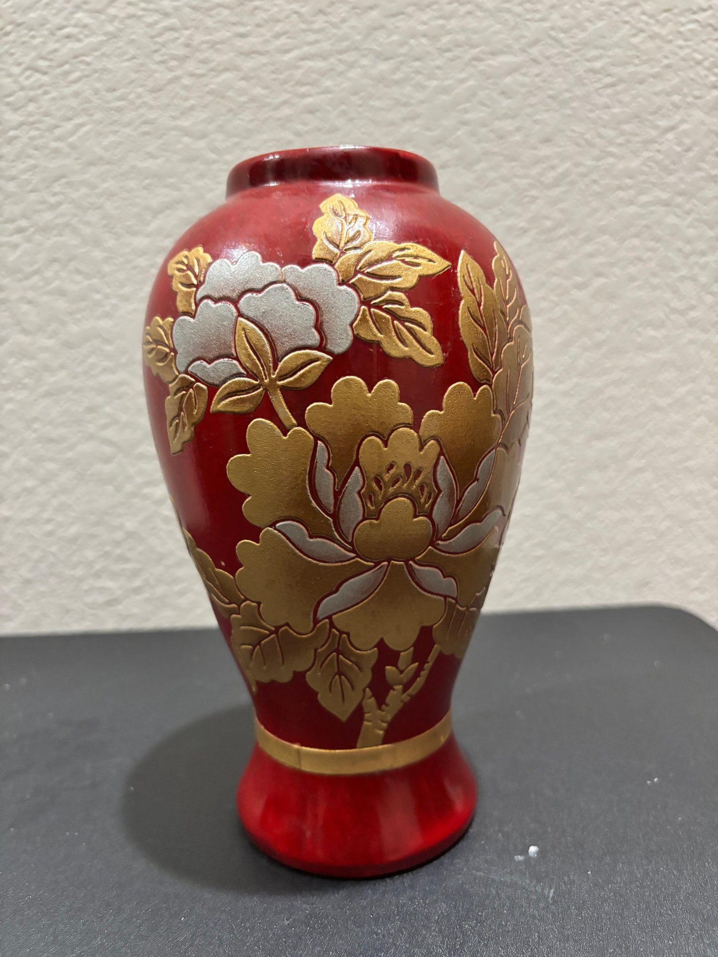 Red and Gold Ceramic Floral Vase