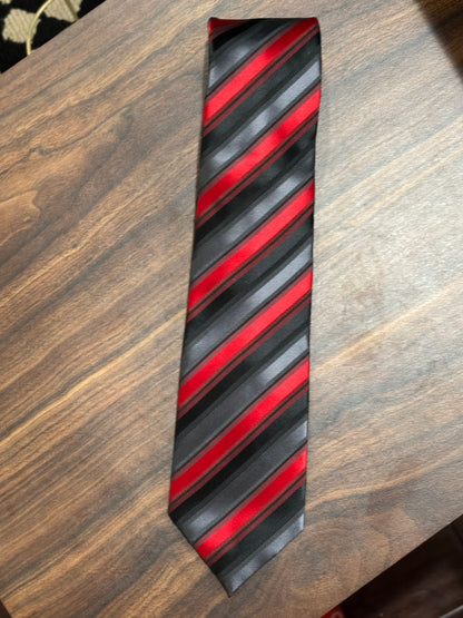 Red Gray Black Striped Tie 100% Polyester 58.5”