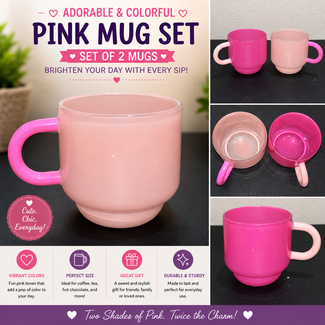 Pink Glass Mug set of 2