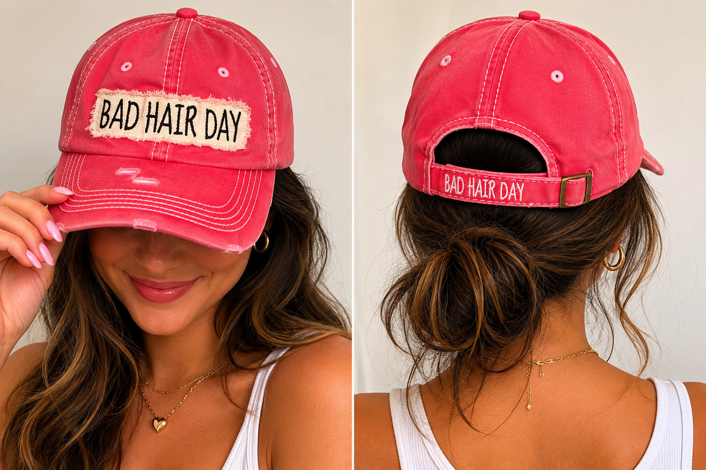 Red baseball cap “Bad Hair Day” for women