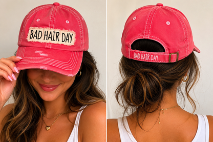 Red baseball cap “Bad Hair Day” for women