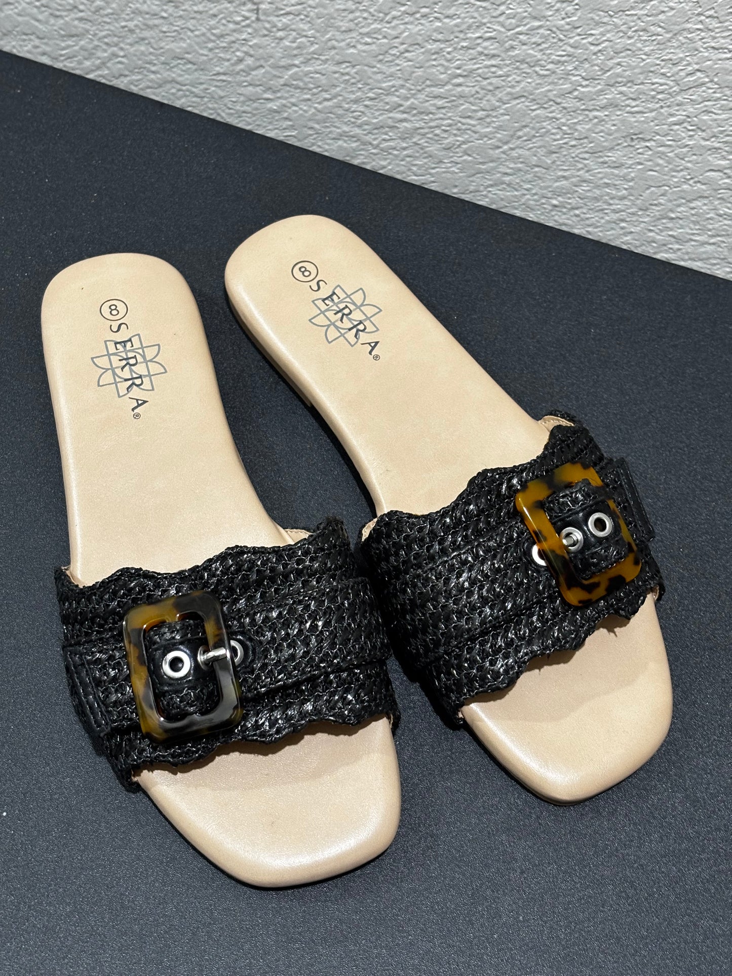 Serra Women’s Black Sandals with Weave and Buckle Design