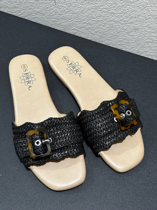 Serra Women’s Black Sandals with Weave and Buckle Design