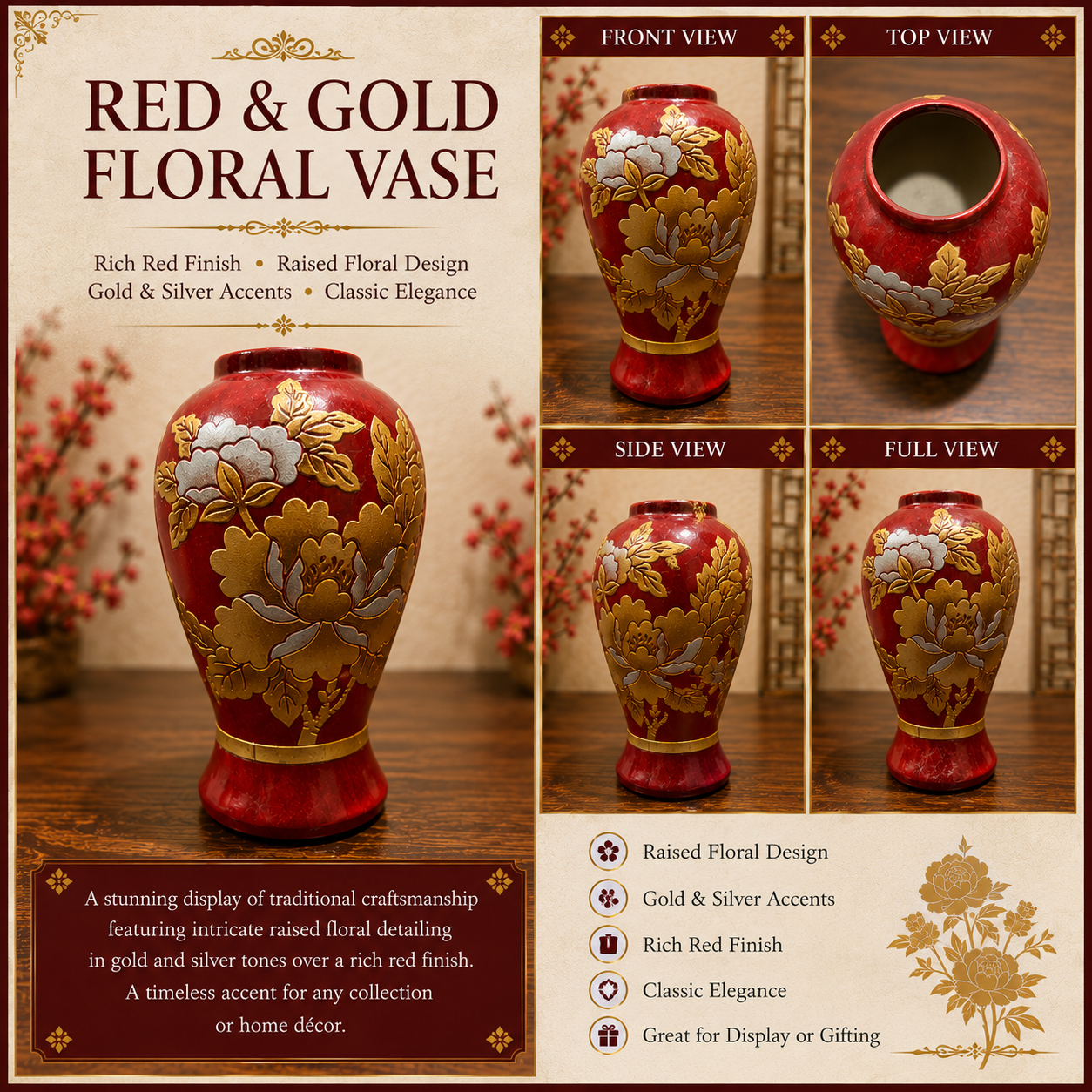Red and Gold Ceramic Floral Vase