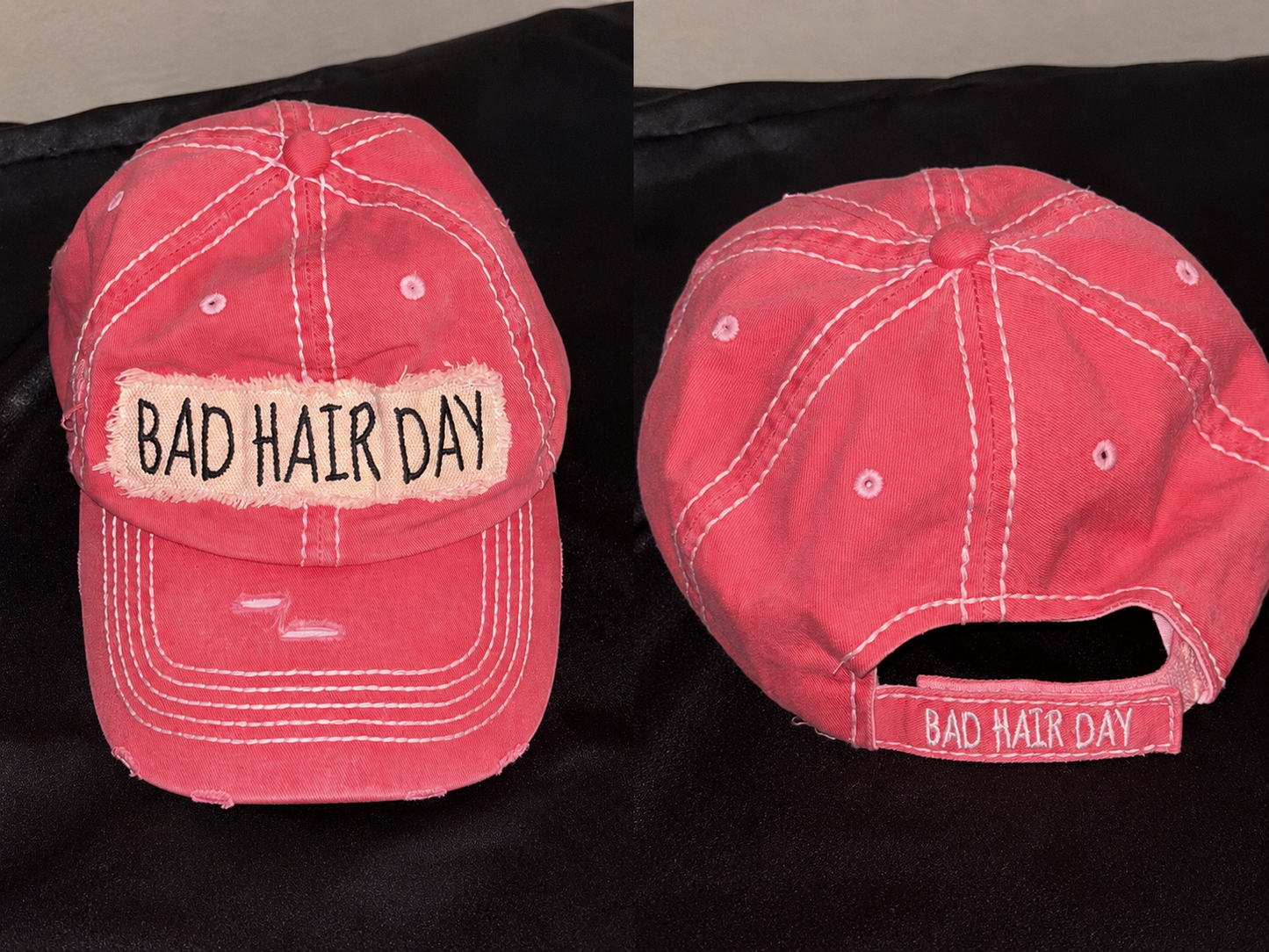 Red baseball cap “Bad Hair Day” for women