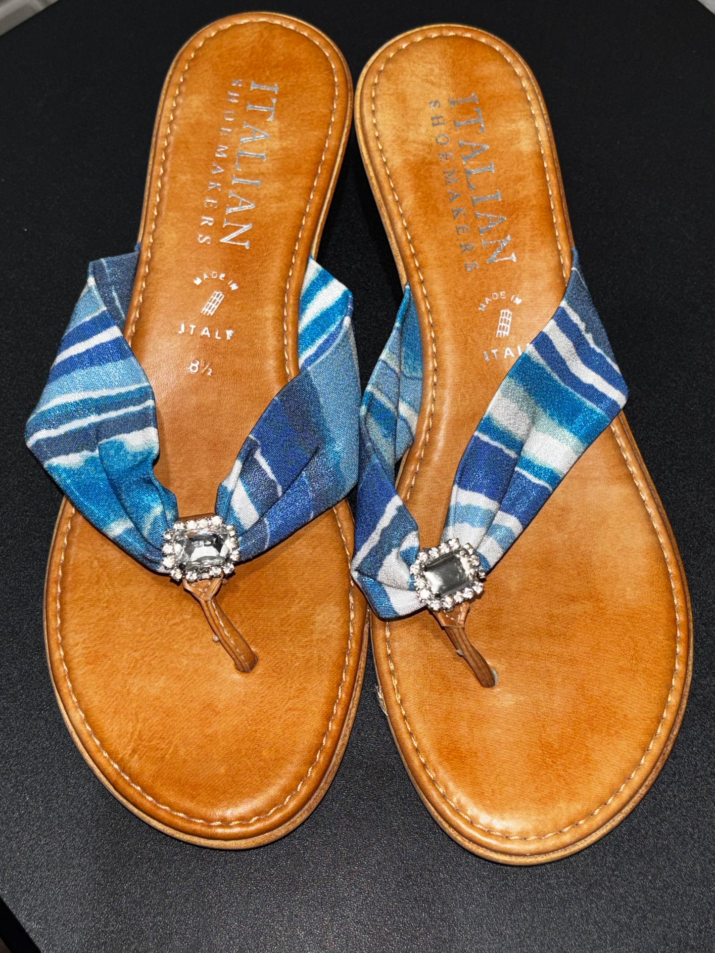 Italian shoemaker, blue white with rhinestone leather thong heel sandals women’s size 8.5