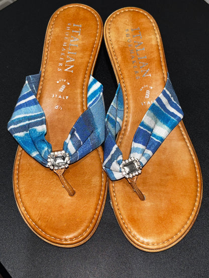 Italian shoemaker, blue white with rhinestone leather thong heel sandals women’s size 8.5
