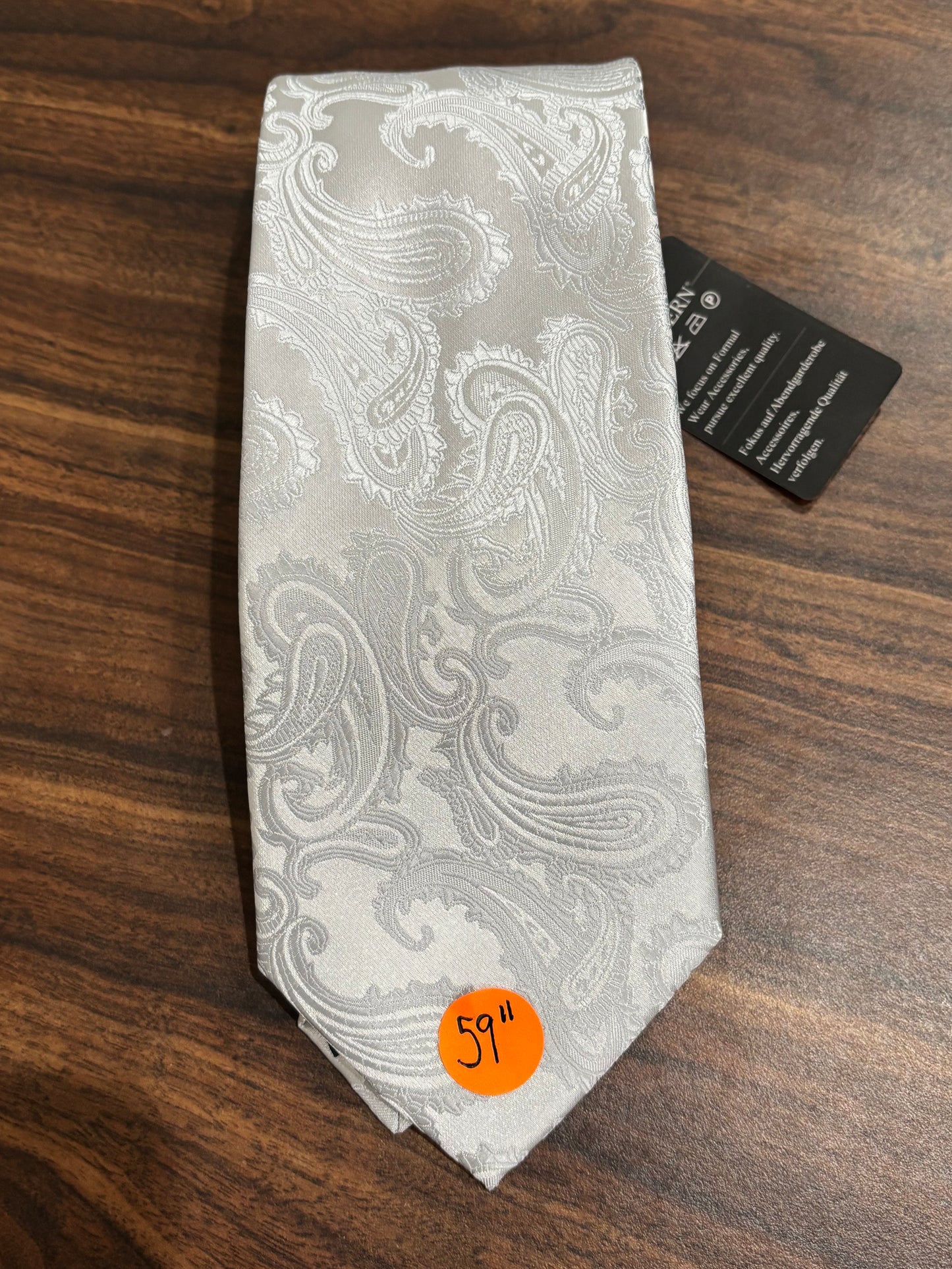 HISDERN Handmade Light Gray Tie w/ Paisley Designs 59”