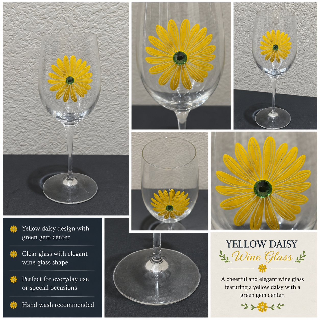 Yellow Daisy design wine glass ￼