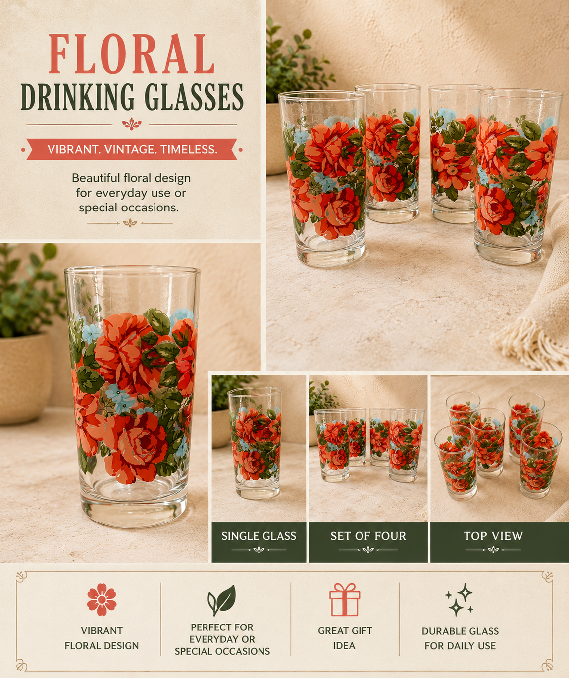 Retro Rose Pattern Drinking Glasses 16oz set of 4