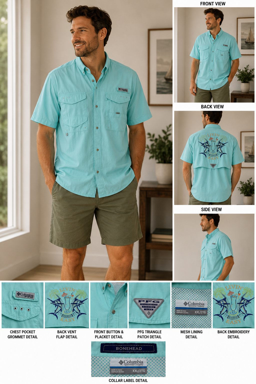 Columbia PFG aqua blue color with fish design size mens 2X