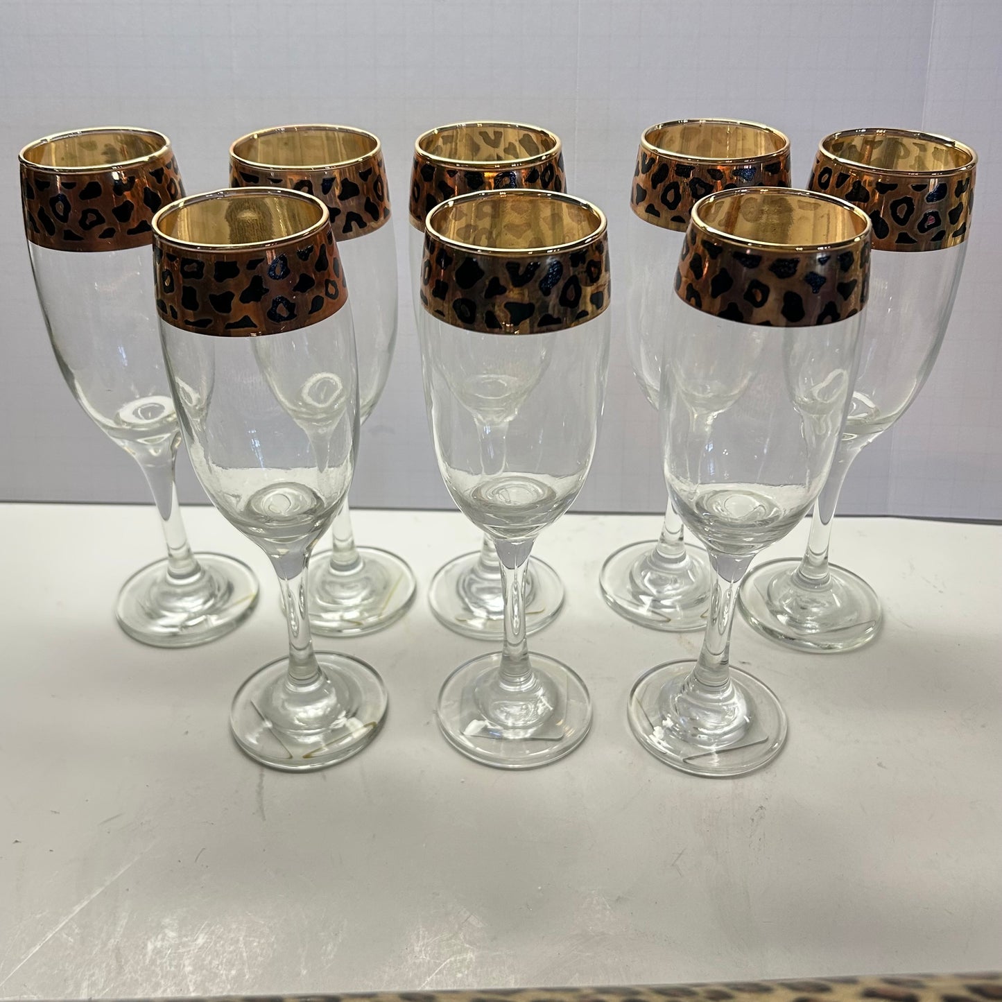 Vintage Circleware Black and Gold Leopard Print Rim Champagne Glasses (set of 8)