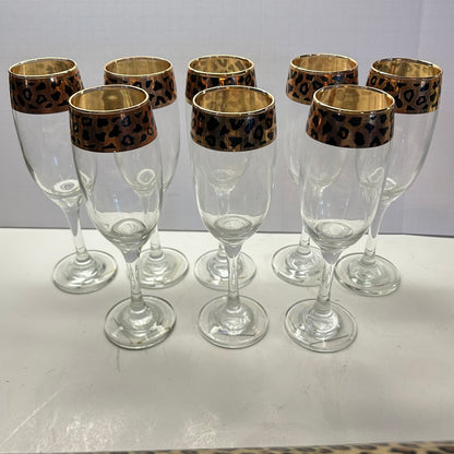 Vintage Circleware Black and Gold Leopard Print Rim Champagne Glasses (set of 8)