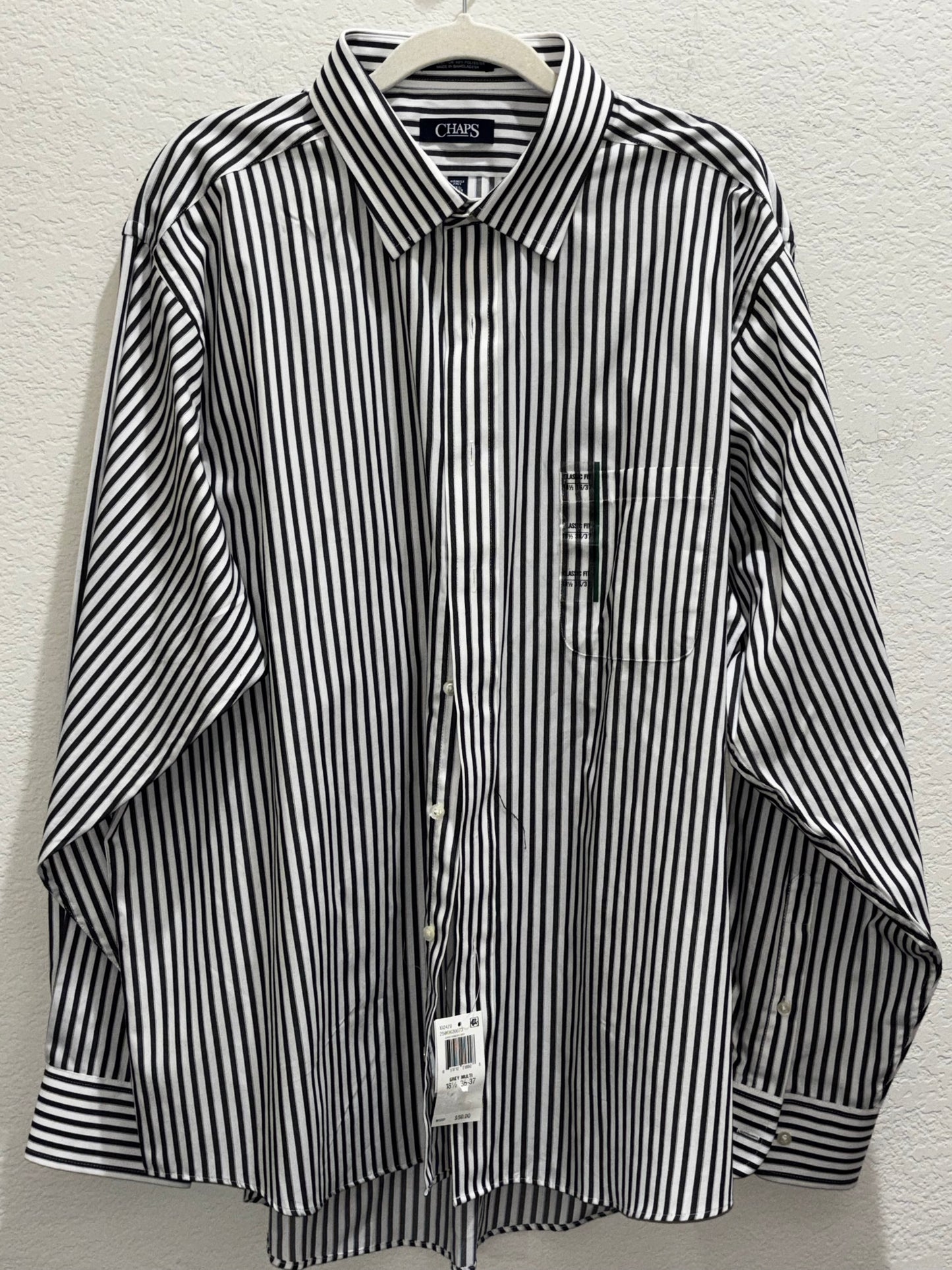 Chaps Black White Striped Button Down Long Sleeve Shirt Men size 18.5 36-37