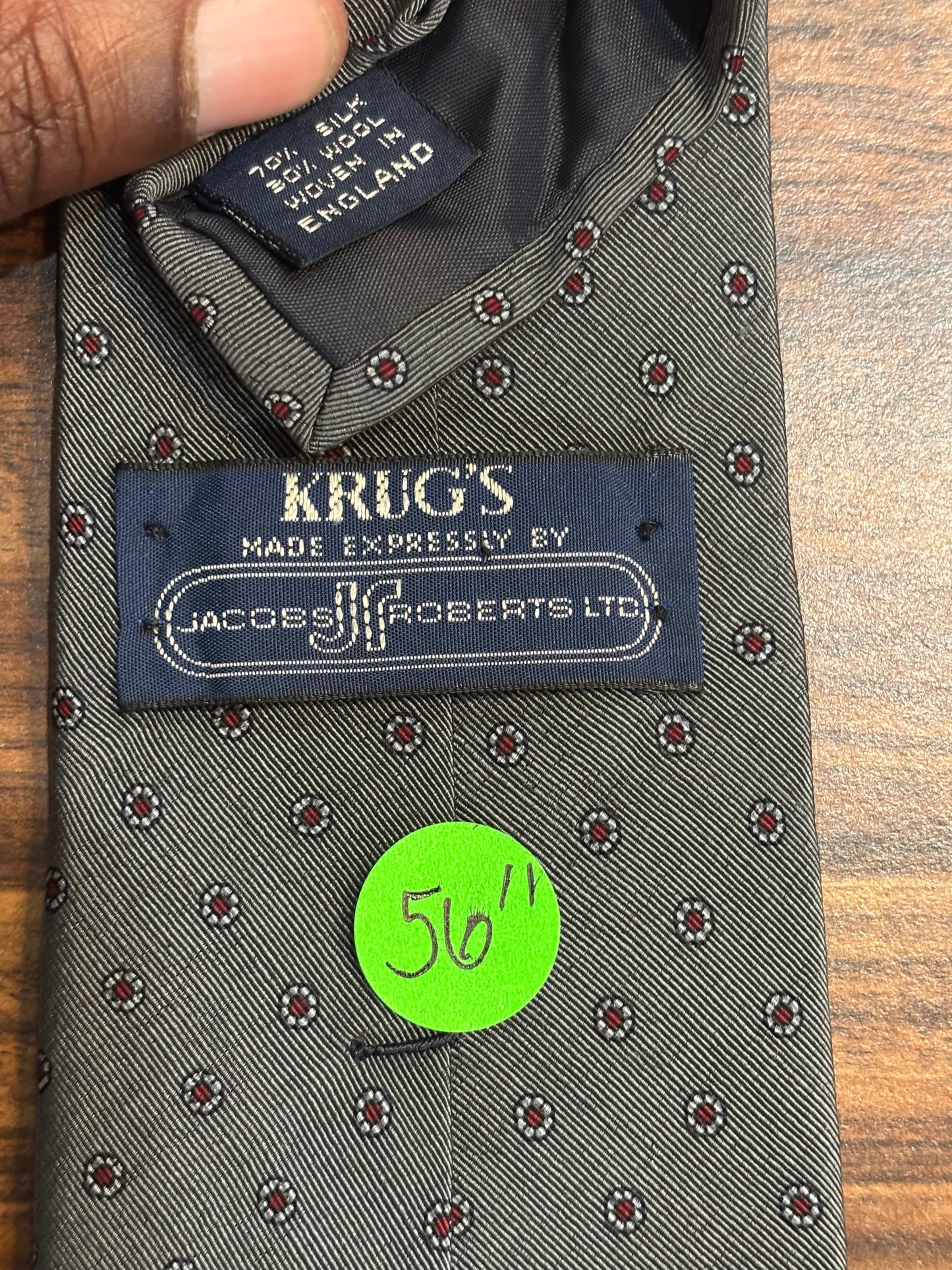 Krugs Gray Tie w/ Red polka Dots 70% Silk 30% Wool