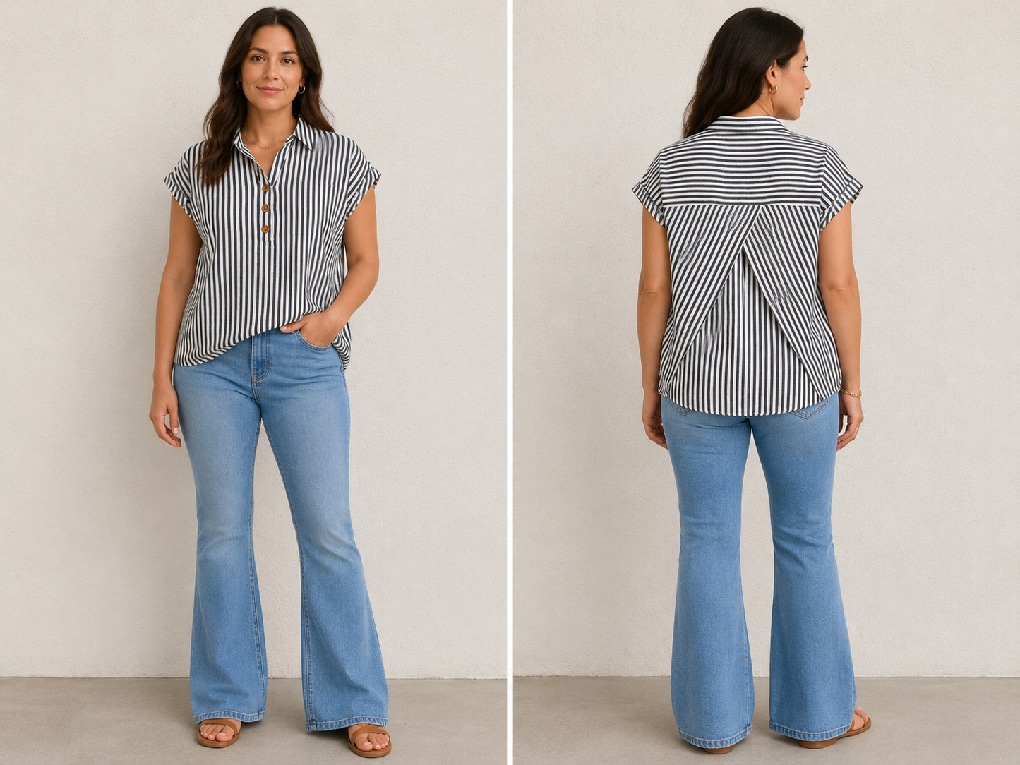 Emery Rose Black White Striped  Collar V neck Women’s Blouse size Large