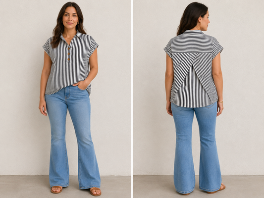 Emery Rose Black White Striped  Collar V neck Women’s Blouse size Large