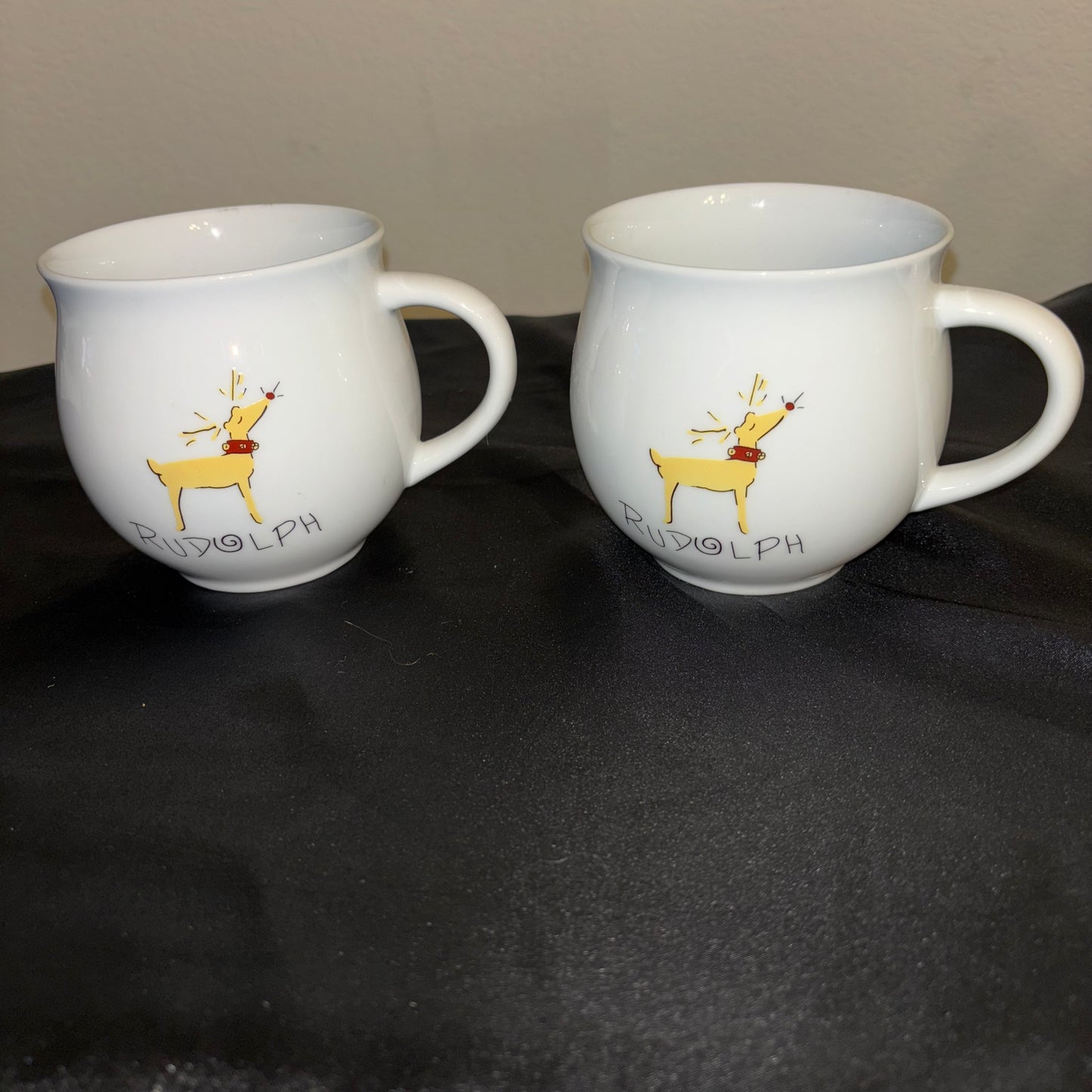 Pottery Barn large White ceramic mugs, set of two “Rudolph” Raindeer