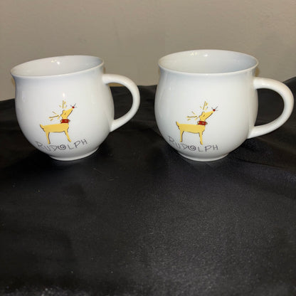 Pottery Barn large White ceramic mugs, set of two “Rudolph” Raindeer