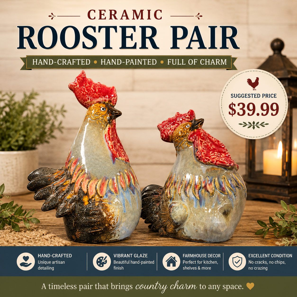 Ceramic Rooster Pair