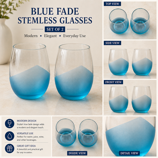 Aqua Blue Stemless Wine Glasses set of 2