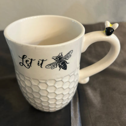 Mugs Beehive Design w/ “Bee Happy” “Let It Bee” White and Black honeycomb Design set of 2