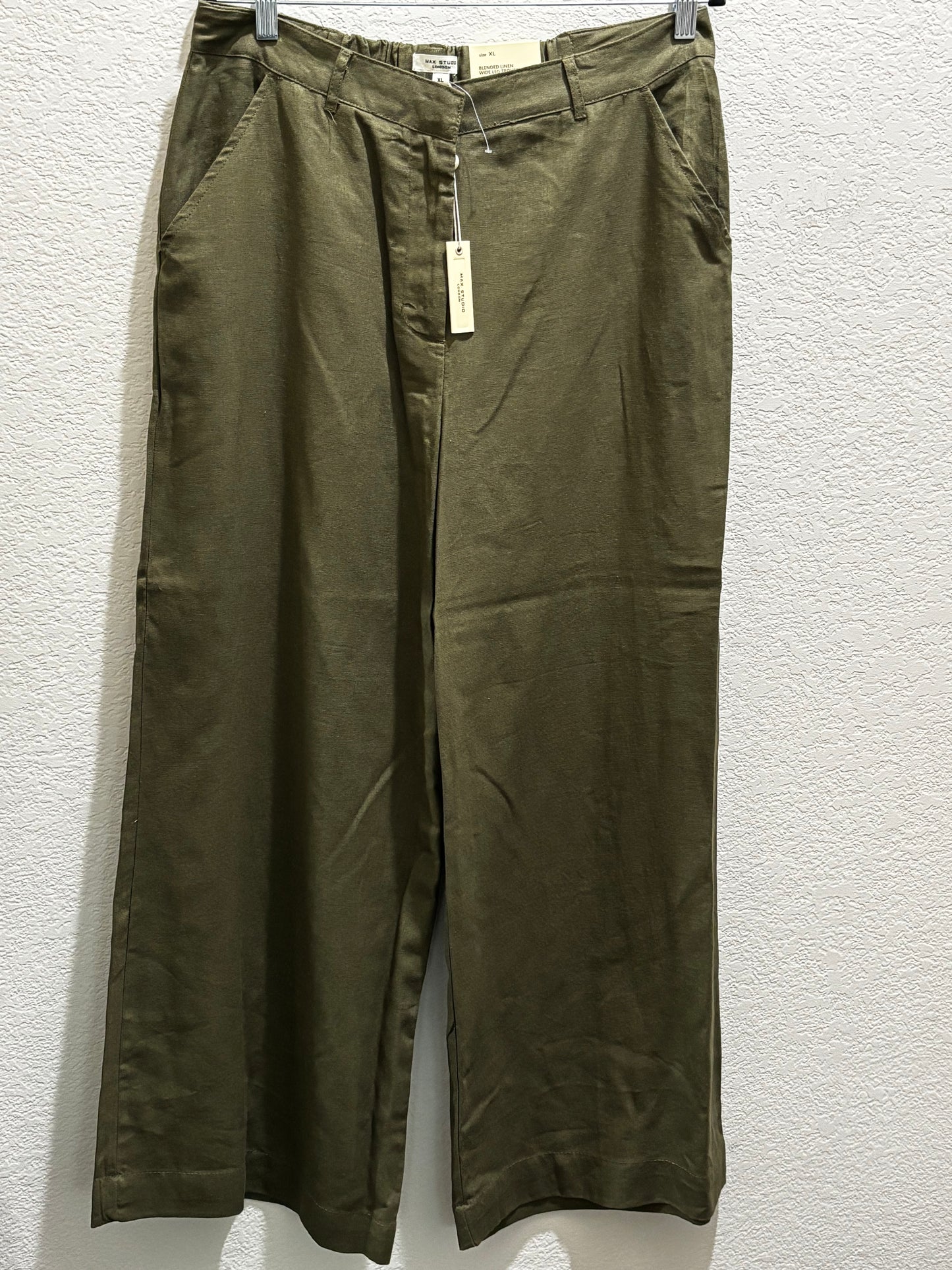 Max Studio London Women’s Olive Green Wide Leg Blended Linen Trouser Pants size XL