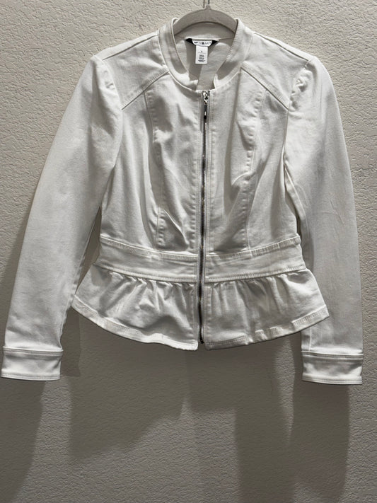 White House Black Market White Denim Ruffled Jacket Women’s size SM