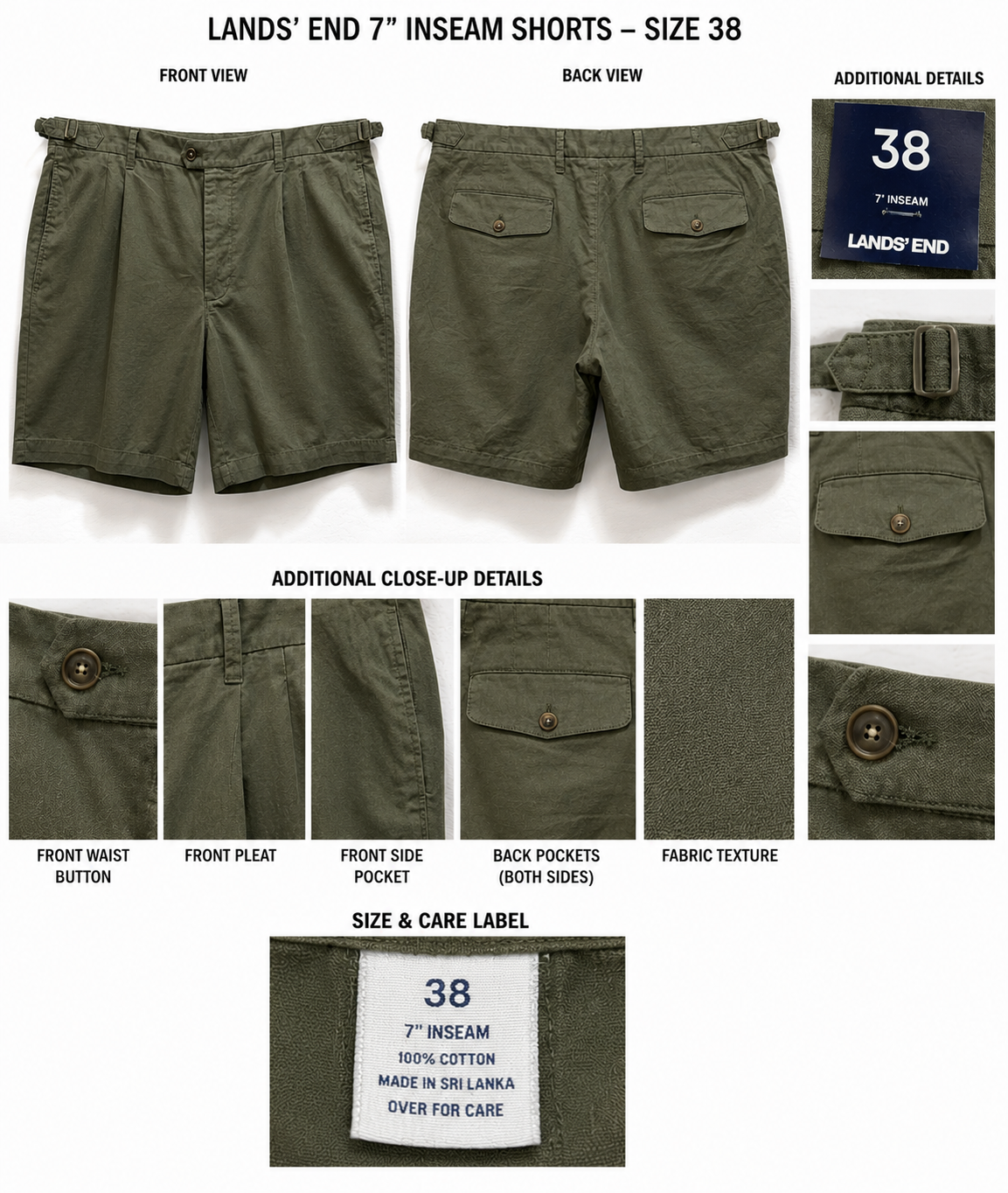 Lands End Army Green Cargo Shorts Men’s 38