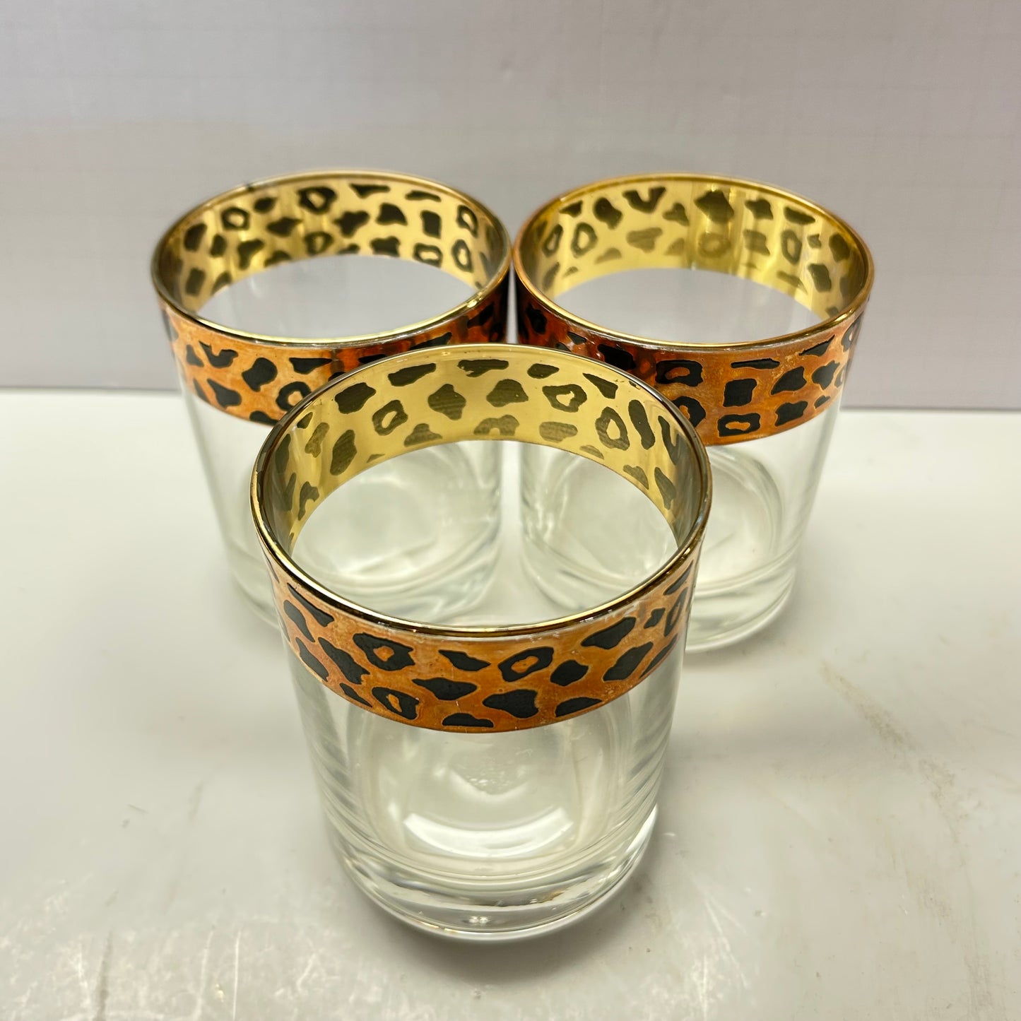Vintage Circleware Gold and Leopard Rim Whiskey Glasses (set of 3